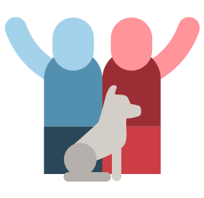 A couple waving, with a dog