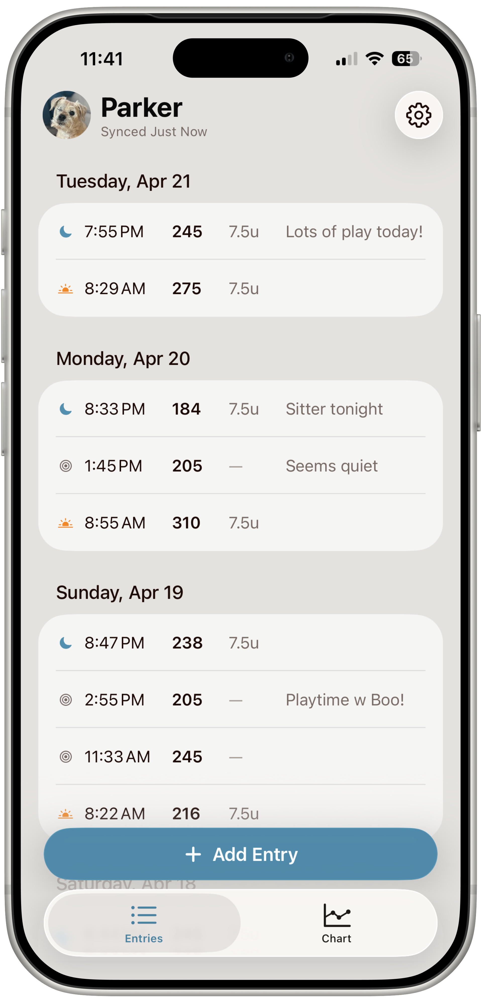 An image of the My Diabetic Pet app, showing a list of entires, sorted by time. There's a big Add Entry button at the bottom.
