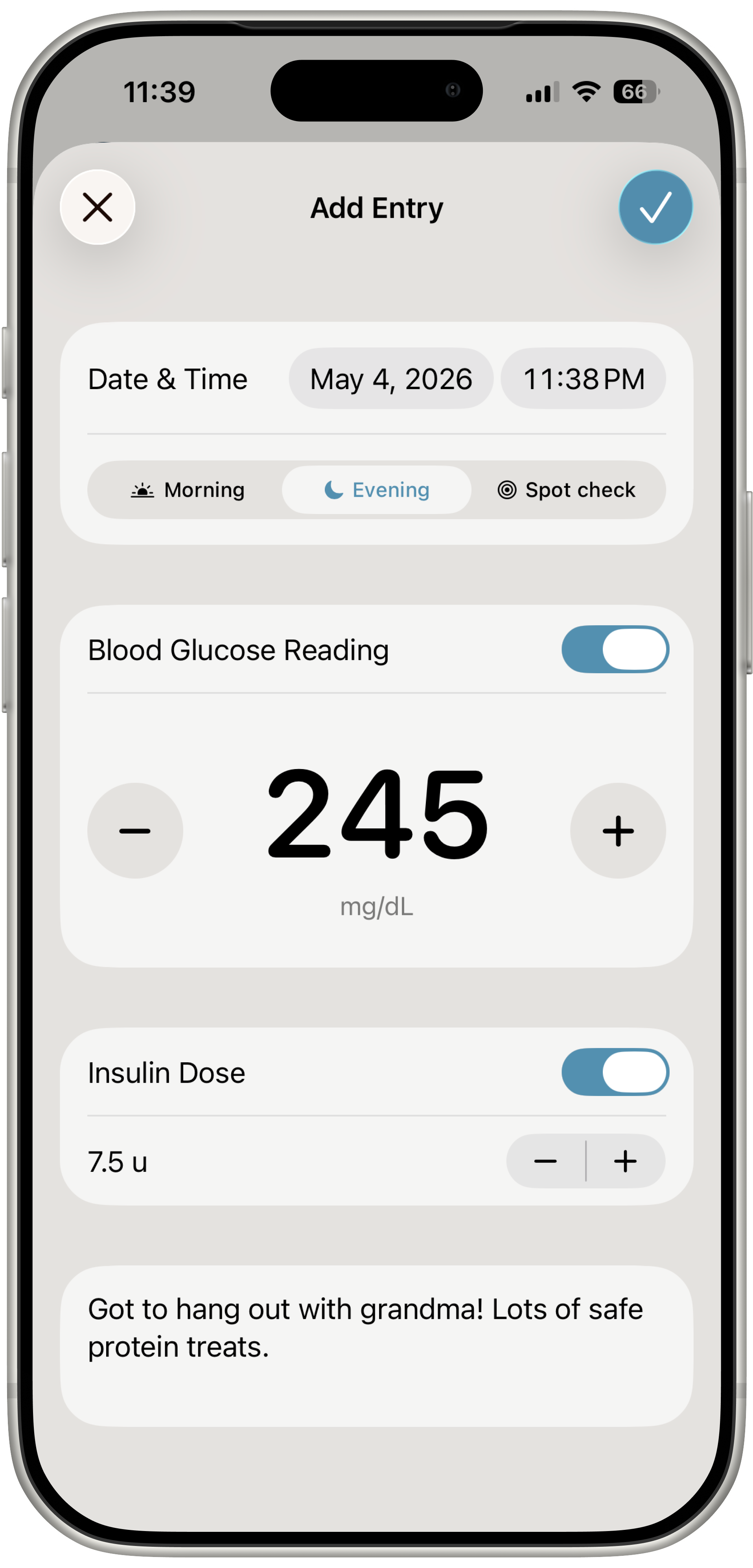 An image of the My Diabetic Pet app, showing the Add Entry screen, with controls for entering a blood glucose reading, insulin dosage, and notes