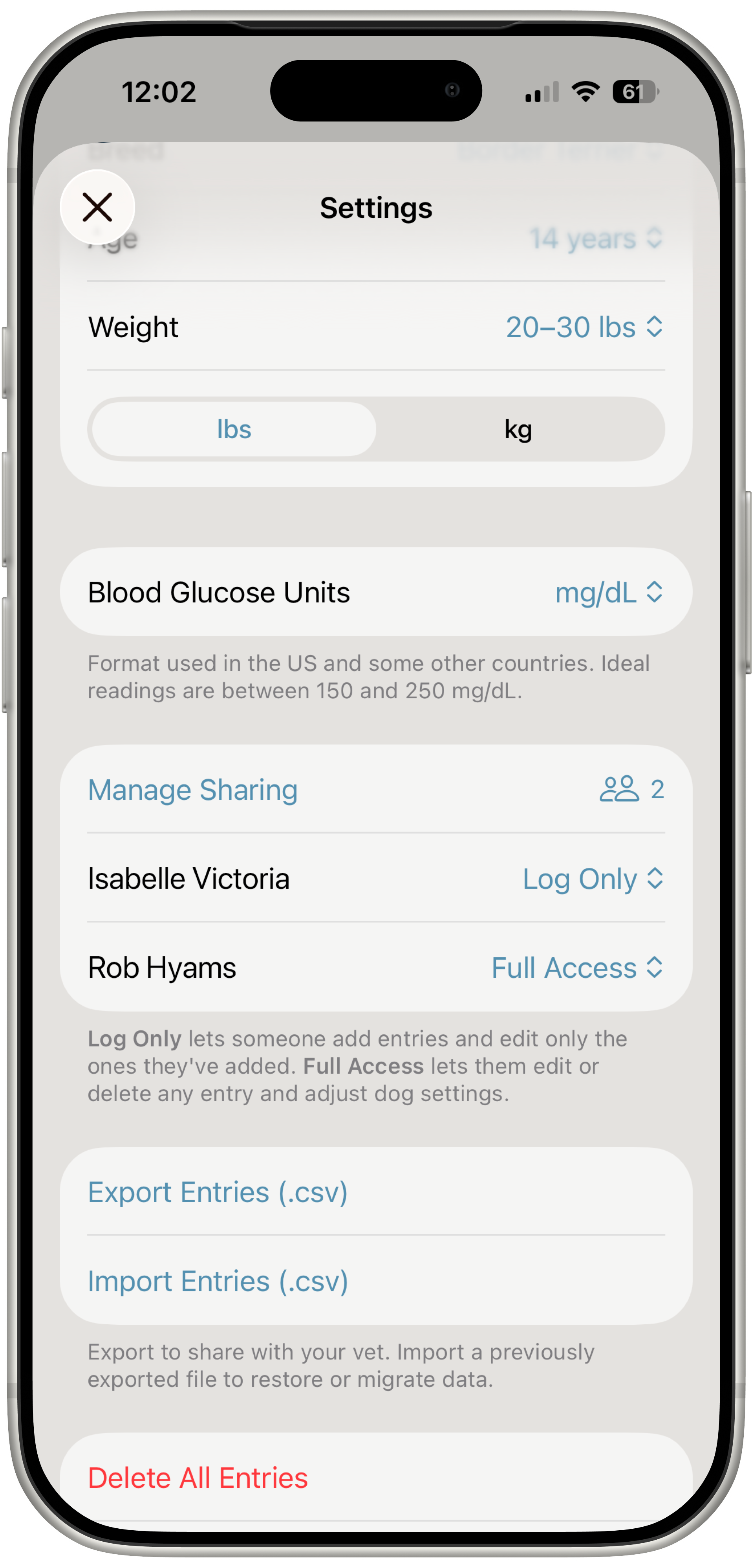 An image of the My Diabetic Pet app, showing the sharing options in the Settings screen