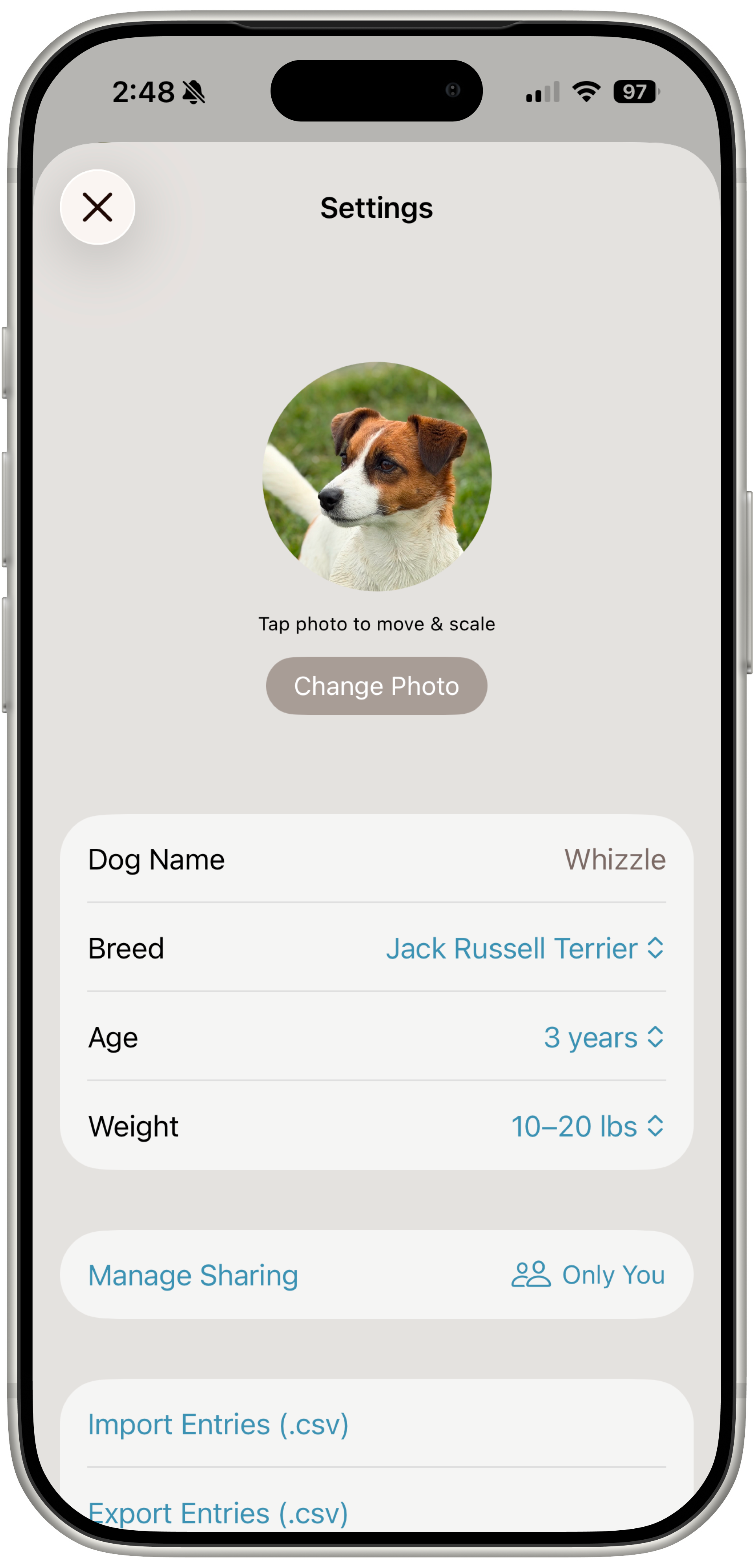 An image of the My Diabetic Pet app, showing the simple app settings screen, with a dog's profile