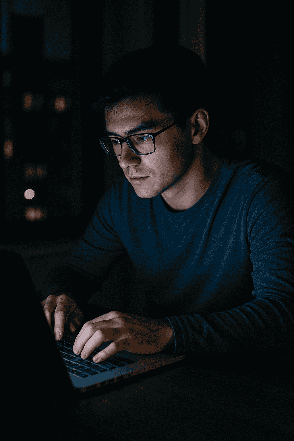 person researching late night for their relocation to a new country