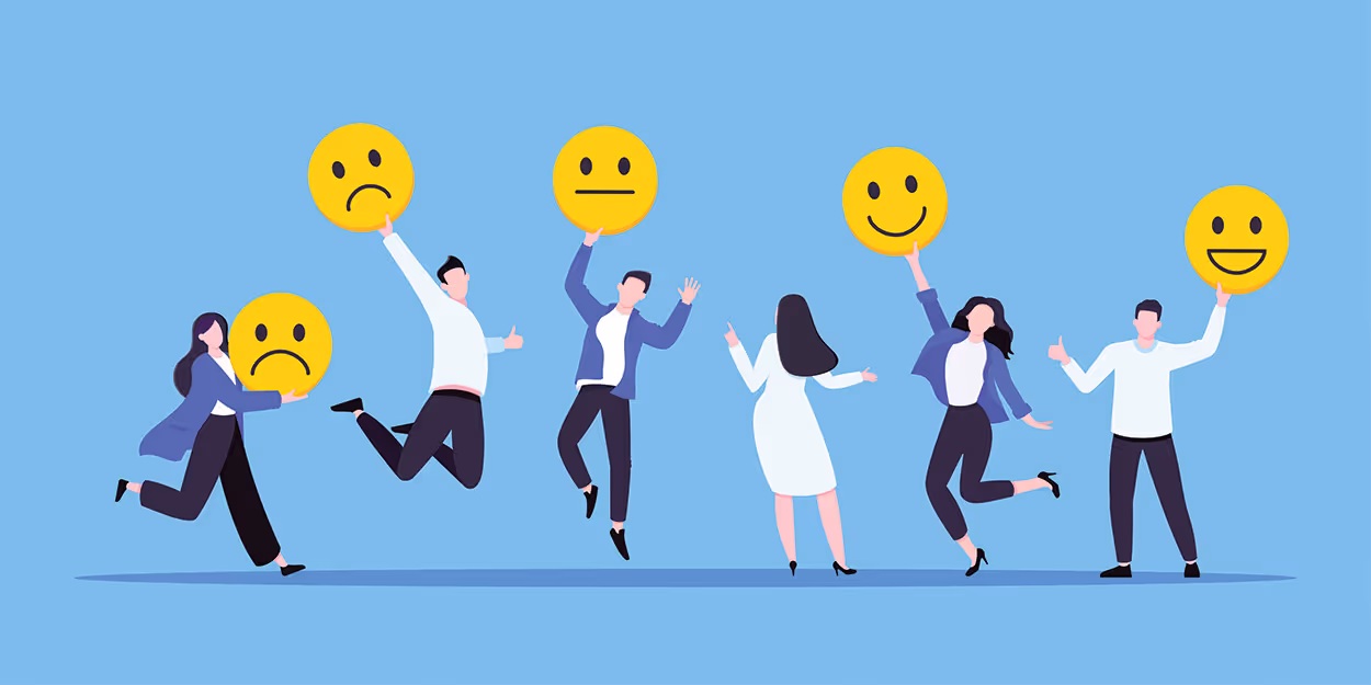 Six people holding or jumping with large yellow emoticons showing sad, neutral, and happy faces against a blue background.