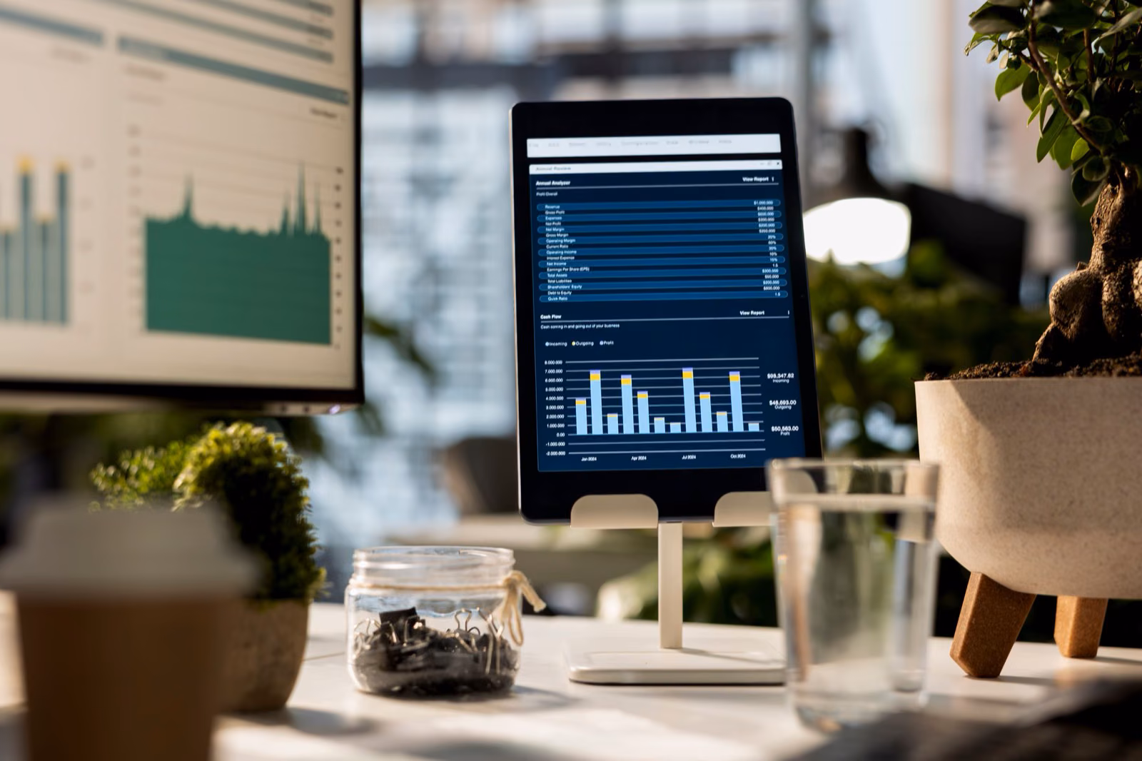 Desk with a monitor and tablet displaying transaction monitoring dashboards