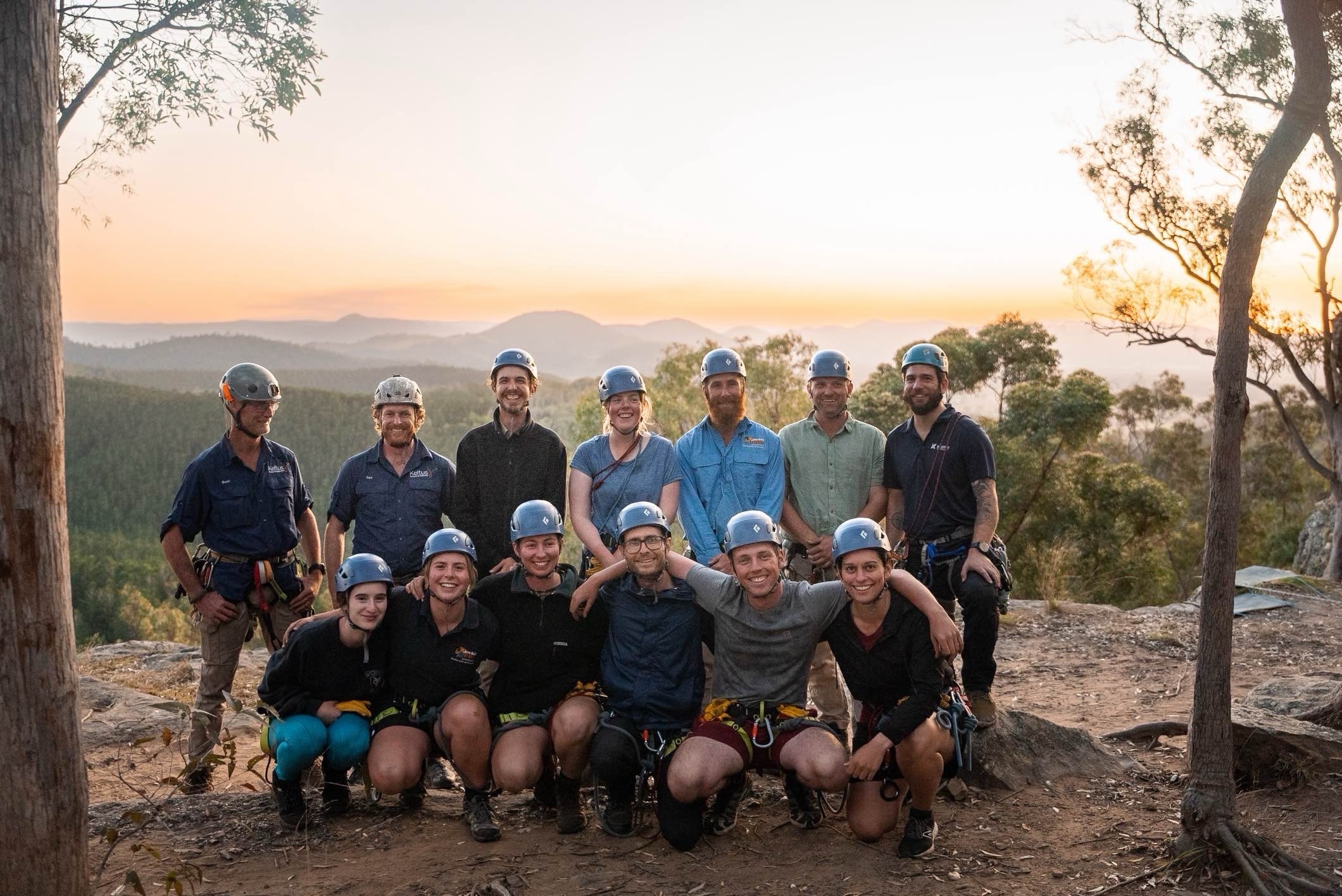 Team group during leadership training following abseiling and climbing at Mt Brooyar, Queensland