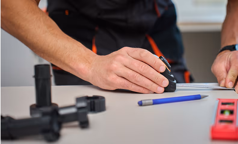 Hands measuring with ruler and tools on workshop table