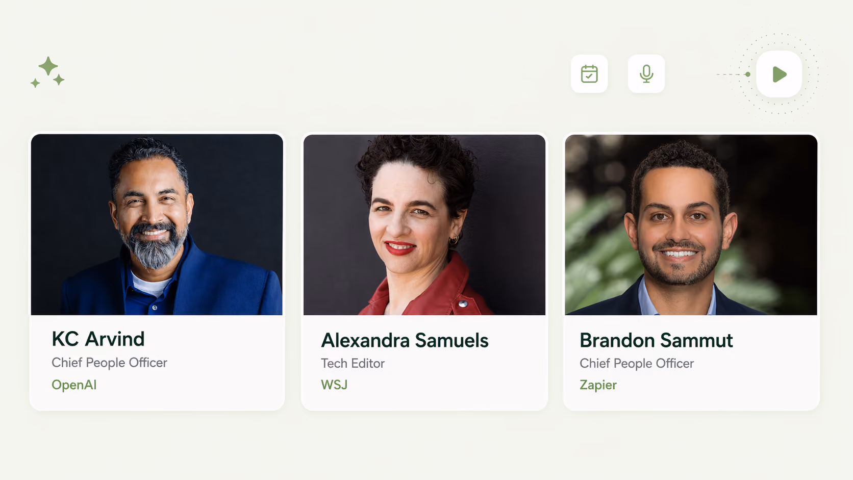 Headshots of three expert speakers: KC Arvind, Alexandra Samuels, Brandon Sammut with their titles and companies.