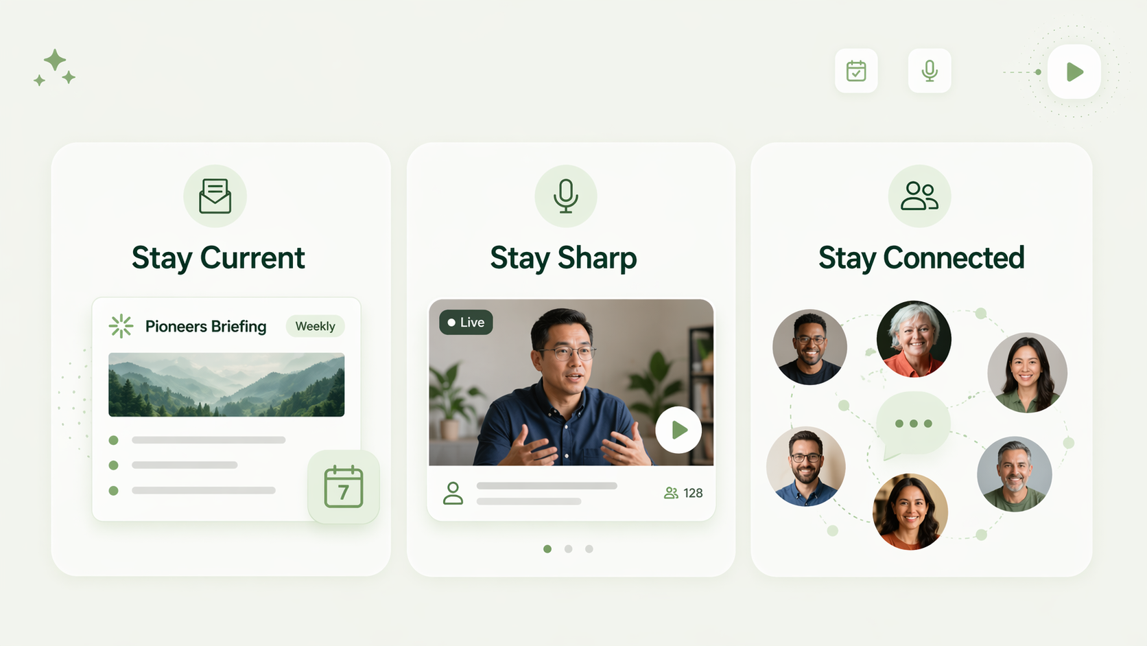 Three panels labeled Stay Current, Stay Sharp, and Stay Connected with related images and icons.