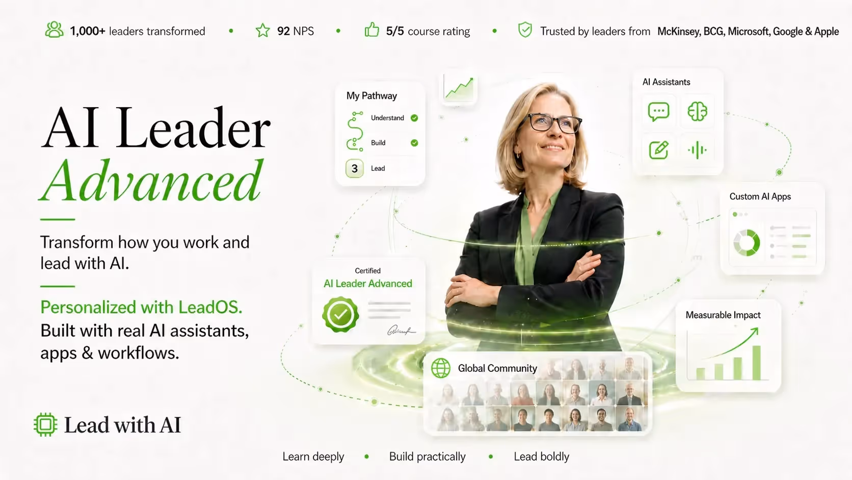 Professional woman with glasses and green blouse surrounded by AI leadership program icons and stats.