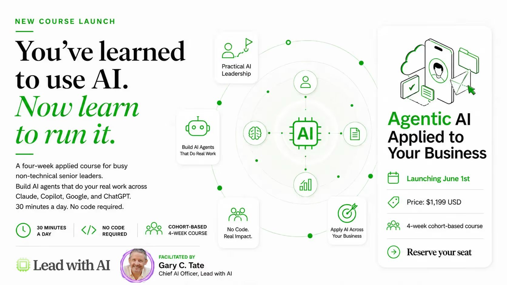 Course launch ad: Learn to run AI agents with no code in 4-week cohort, $1,199, starts June 1st.