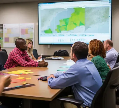 A team of project developers sitting at a conference table reviewing a regional map on a large screen