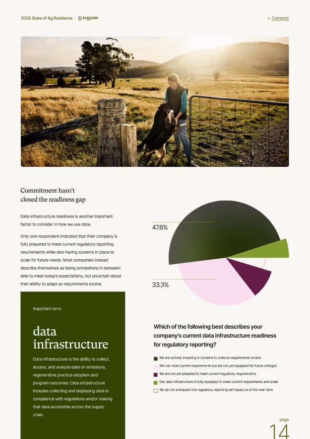 Page from report showing a photo of a person and dog by a fence at sunset, a pie chart of company data infrastructure readiness, and text explaining readiness levels.