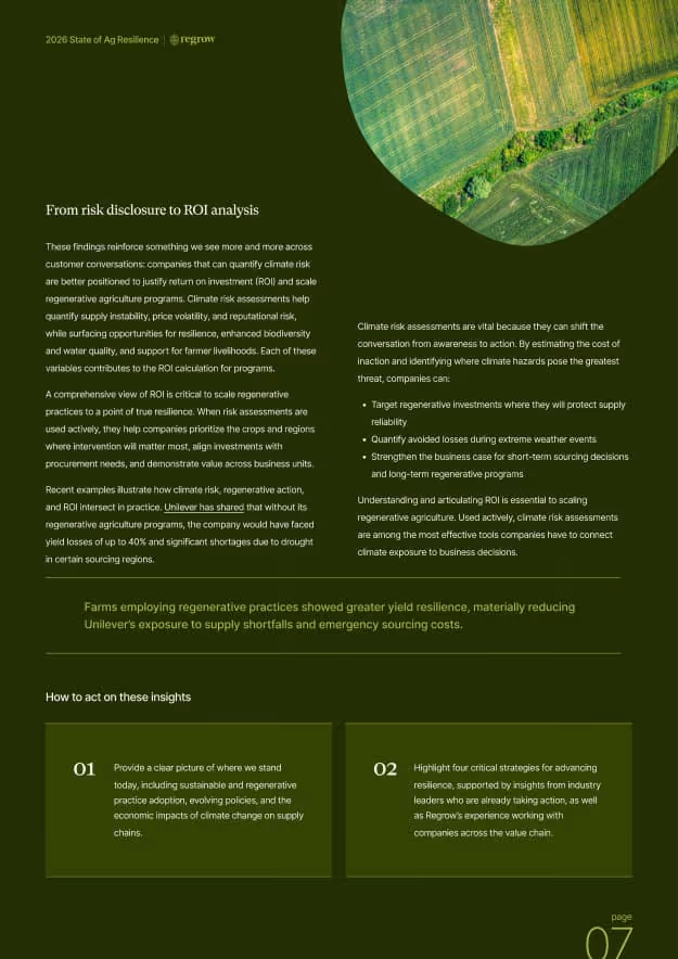 Aerial view of patchwork agricultural fields accompanied by detailed text explaining the 2026 State of Ag Resilience report, focusing on risk disclosure to ROI analysis and strategies for advancing resilience in regenerative agriculture.