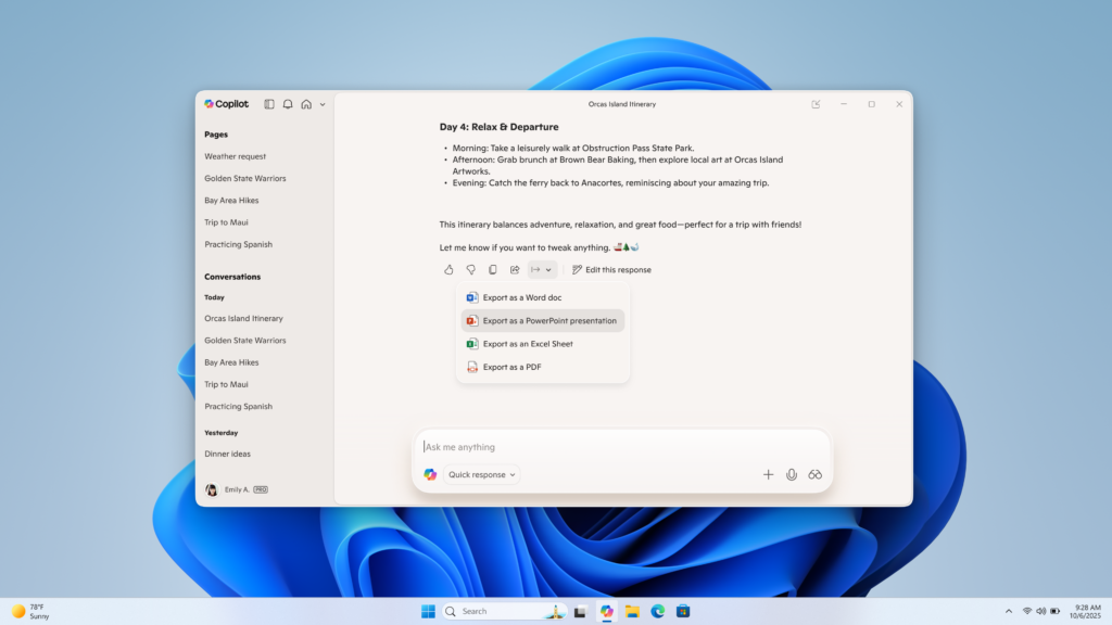 Document creation and export in Copilot on Windows 