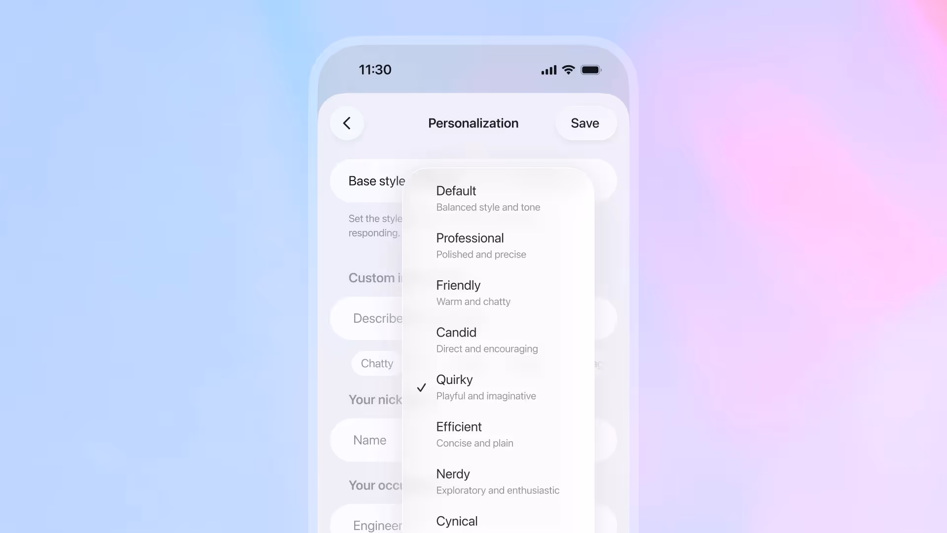 Mobile interface showing a ‘Personalization’ settings screen. The user is selecting a base style for ChatGPT’s tone and voice from a dropdown menu. Options listed include: Default (balanced style and tone), Professional (polished and precise), Friendly (warm and chatty), Candid (direct and encouraging), Quirky (playful and imaginative, currently selected), Efficient (concise and plain), Nerdy (exploratory and enthusiastic), and Cynical.