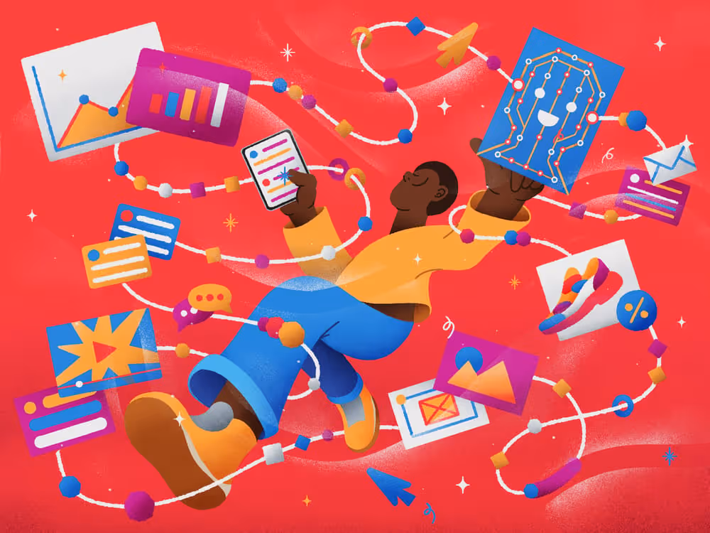 A marketing professional smoothly navigating their workflow with the help of AI and automation tools. The tone is solution oriented and empowering.