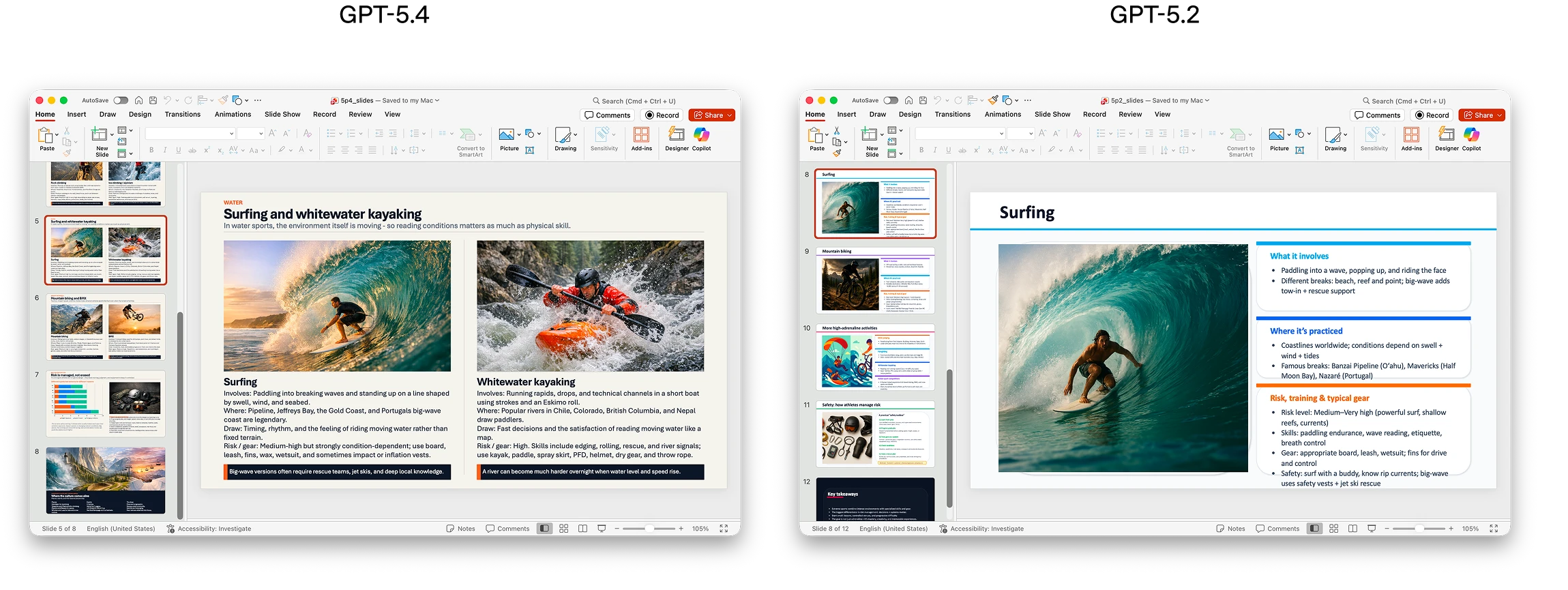 Side by side example of slide outputs from GPT-5.2 vs GPT-5.4