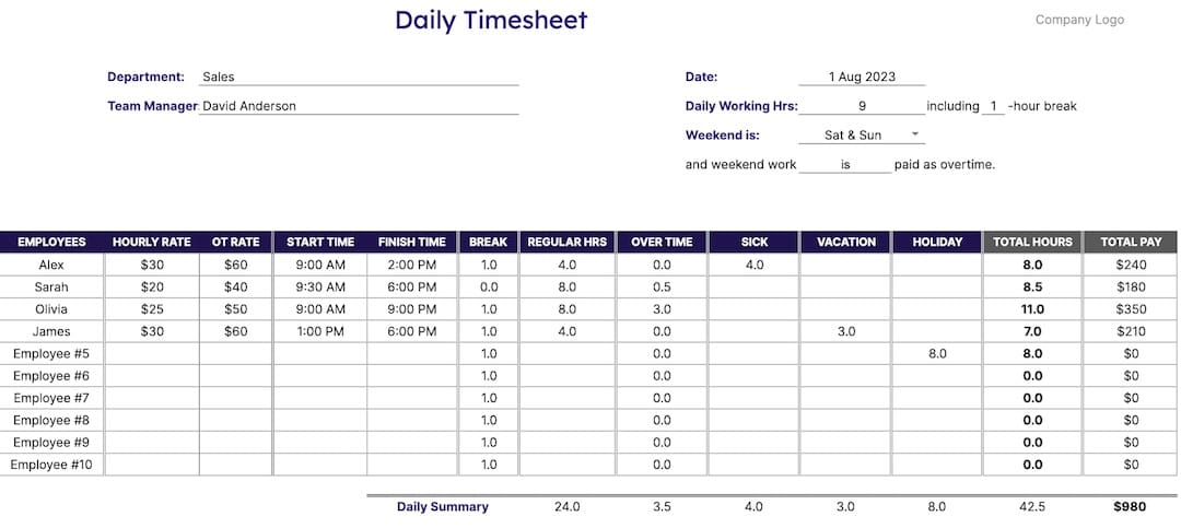 Daily Timesheet Template