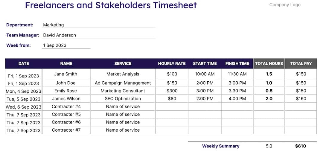 Freelancers and Stakeholders Timesheet Template