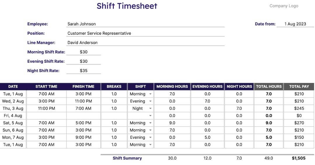 Shift Timesheet Template