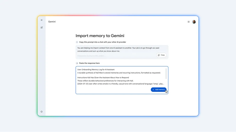 A mock up showing how to import memory to Gemini