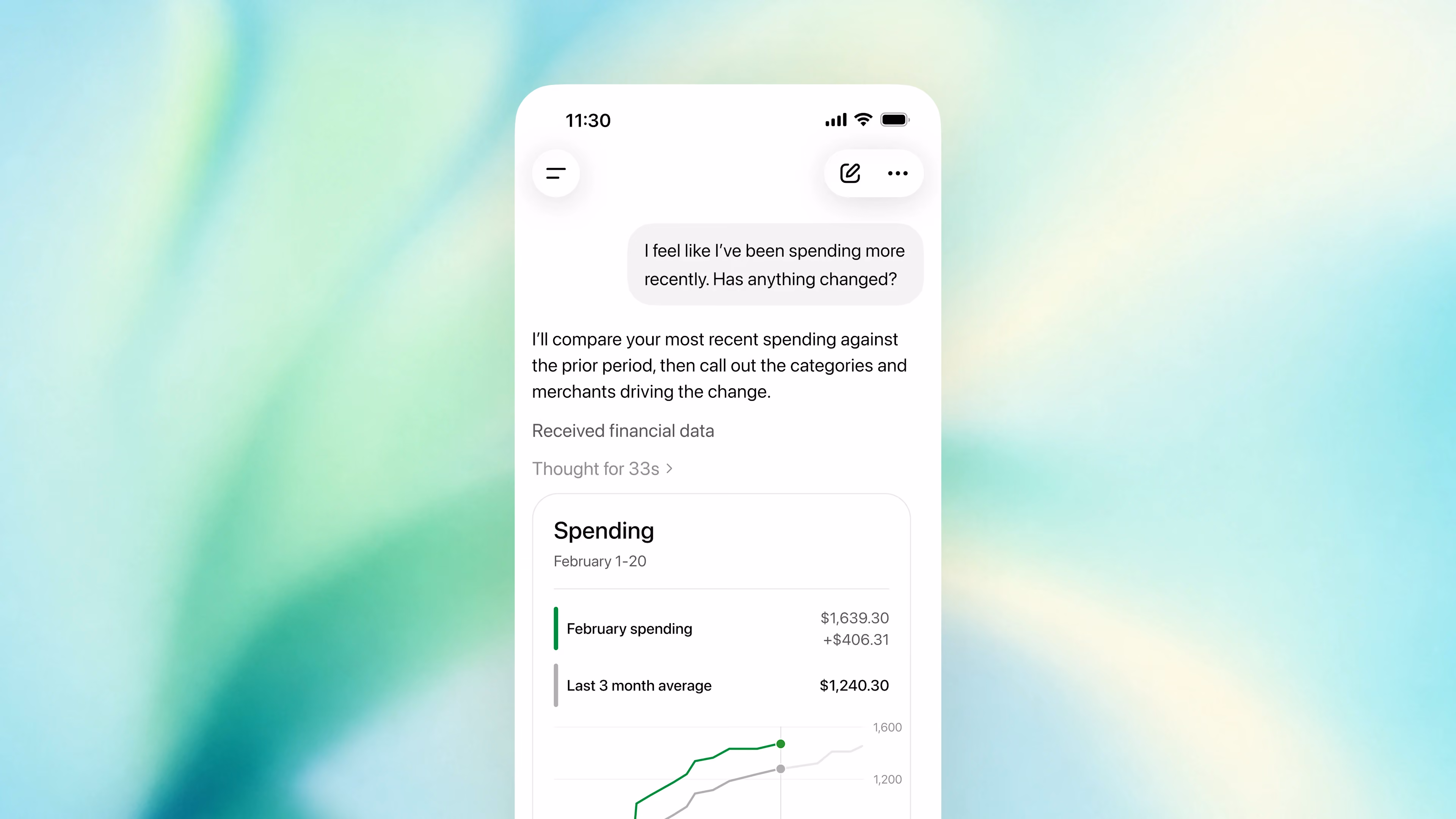 A mobile app displaying personal finance chat interface