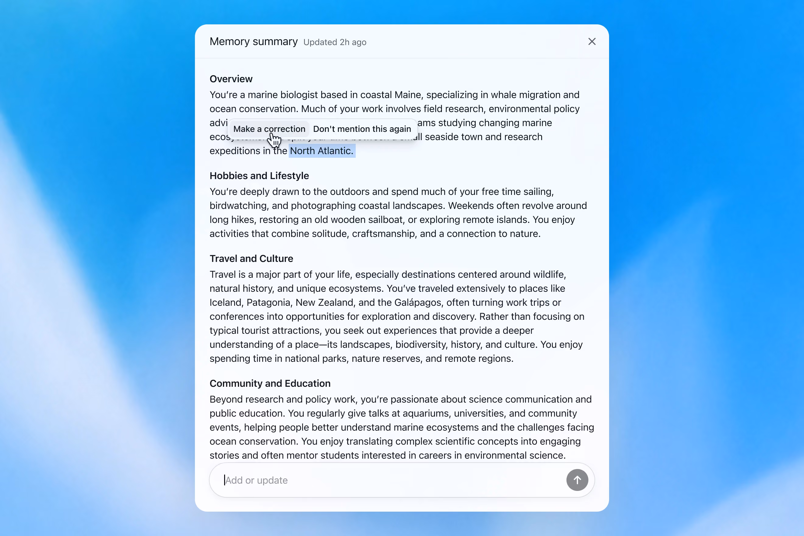 Memory summary modal showing a personalized overview of a user’s work, hobbies, travel interests, and community involvement, with options to correct or dismiss specific details.