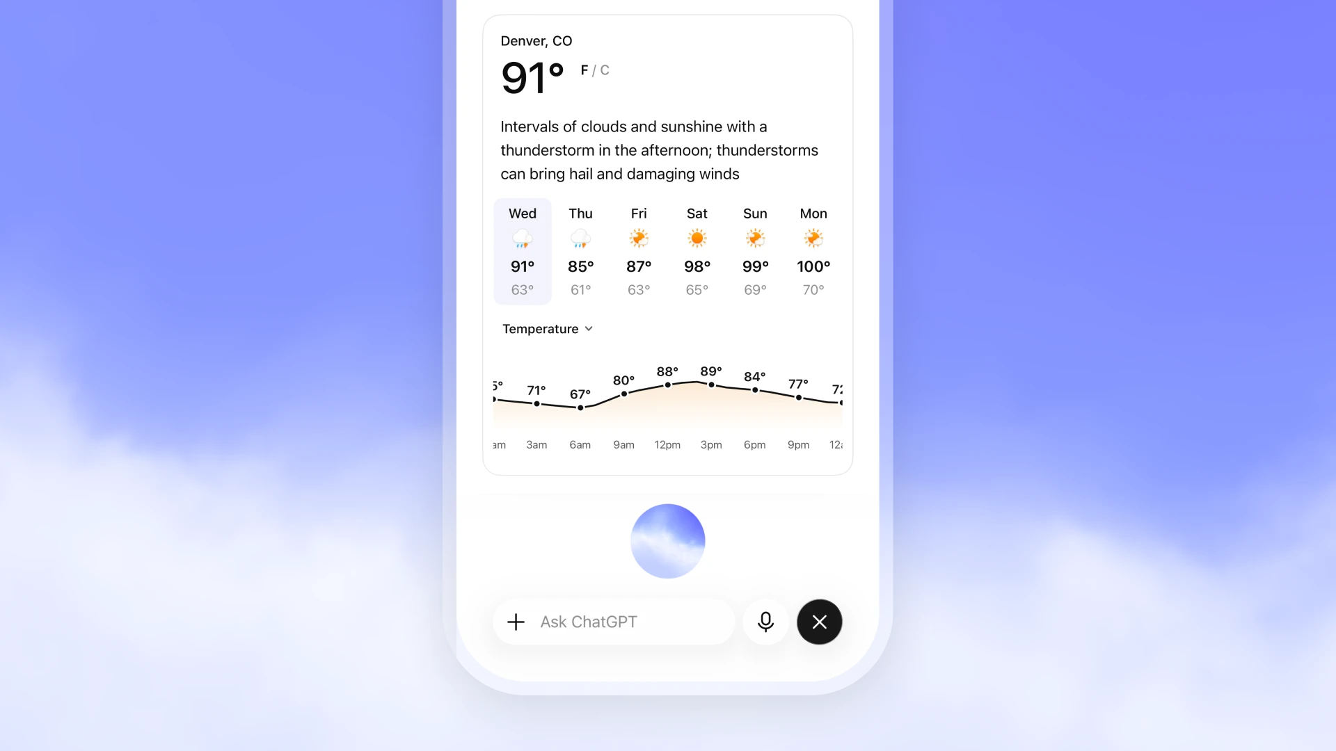 A GPT-Live visual answer card showing a live weather forecast during a voice conversation.