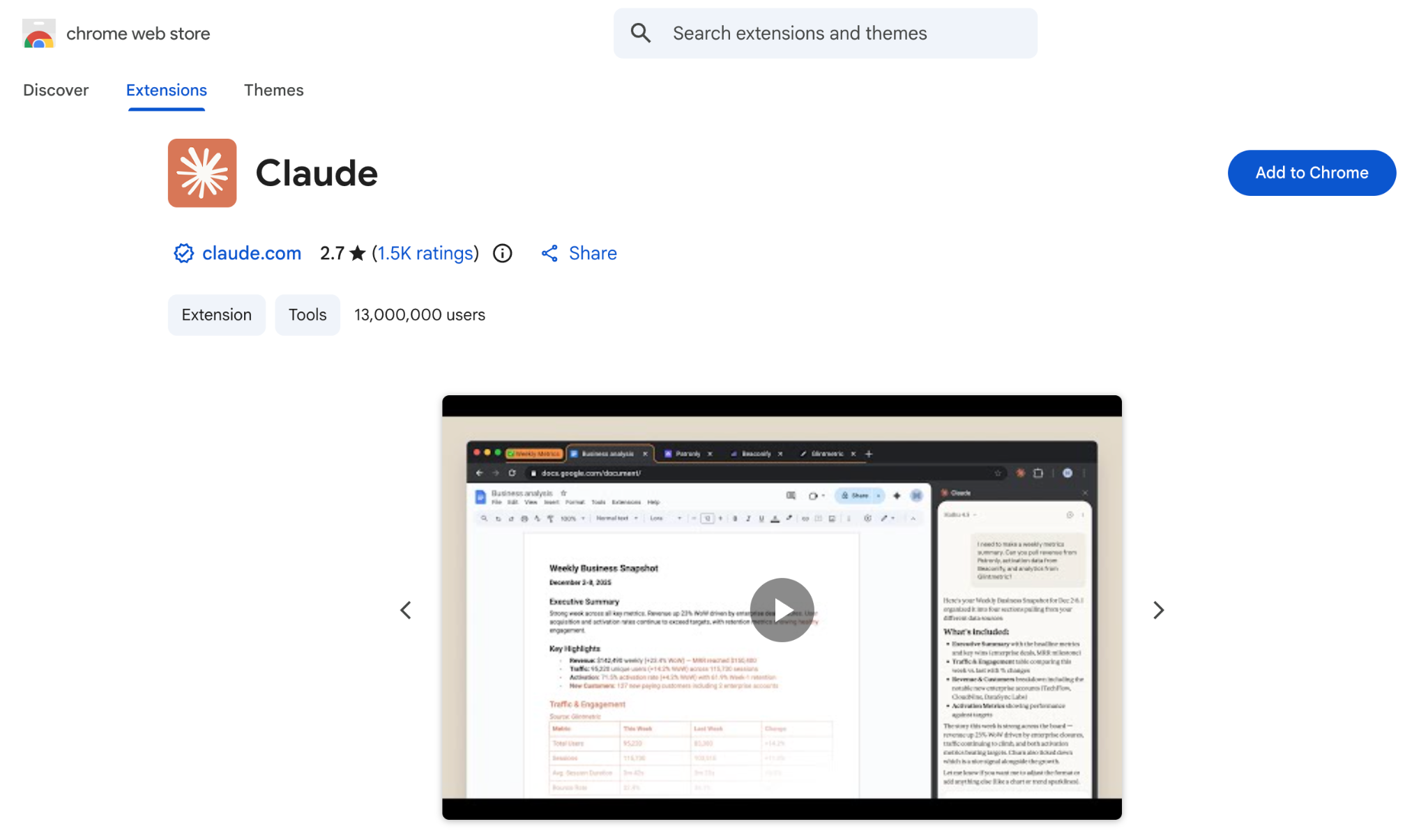 The Claude extension listing in the Chrome Web Store