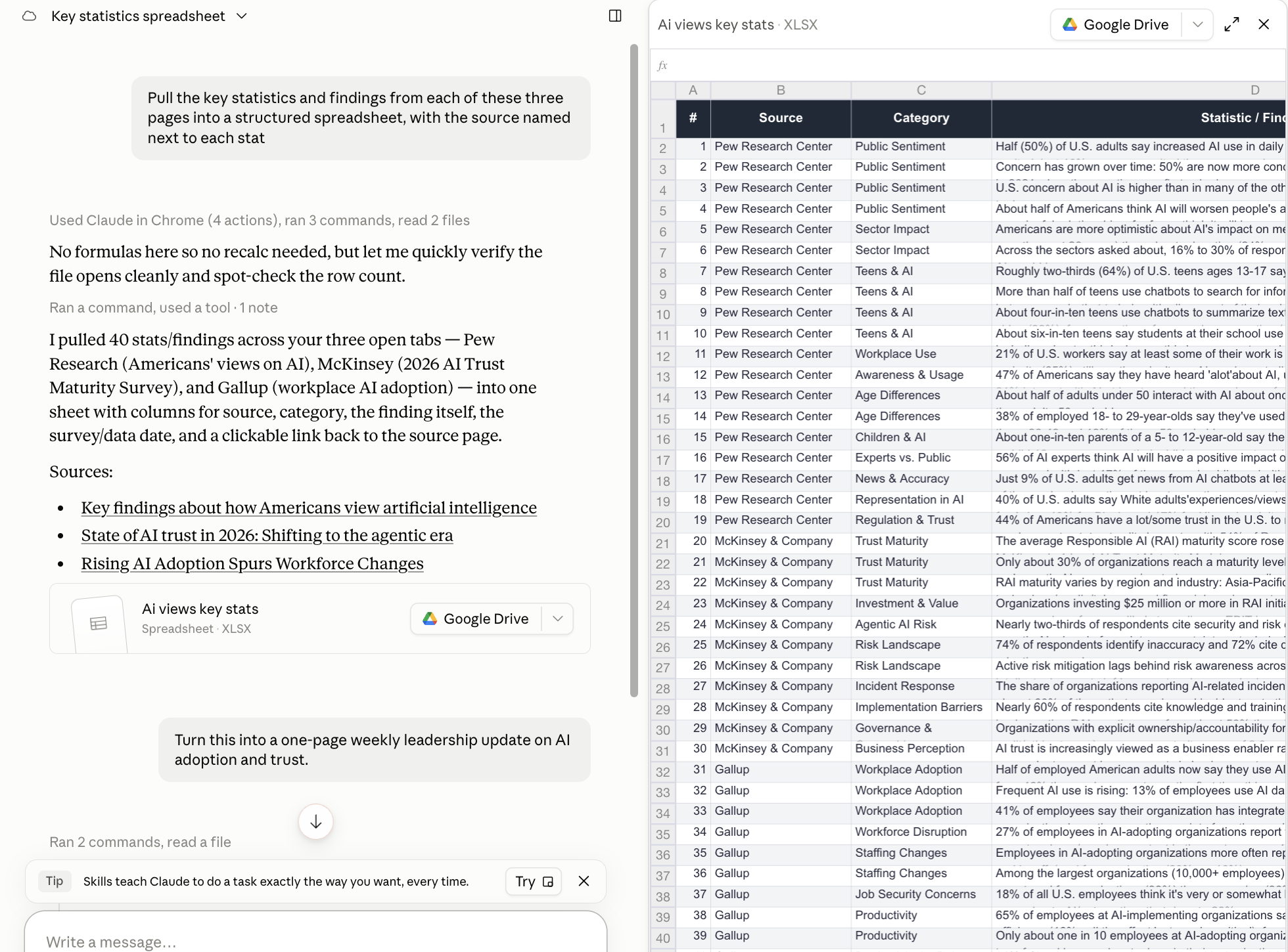 The same conversation and spreadsheet, picked up in the Claude desktop app