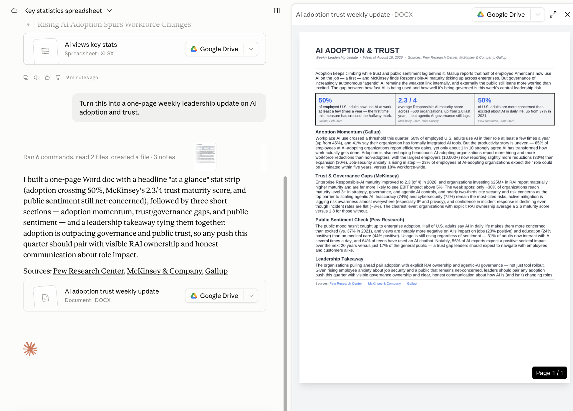 The finished one-page AI Adoption and Trust leadership update, produced on desktop