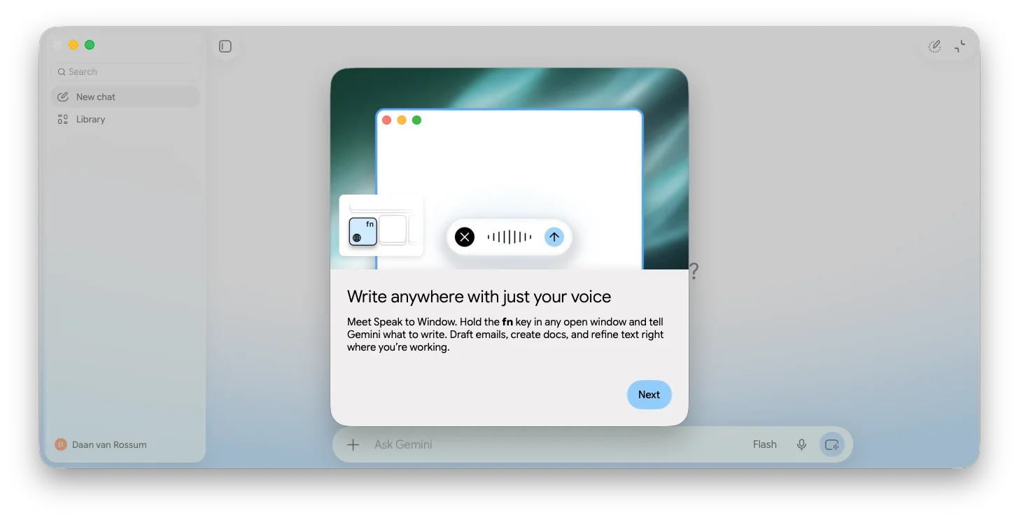 Gemini's Speak to Window onboarding card reading Write anywhere with just your voice