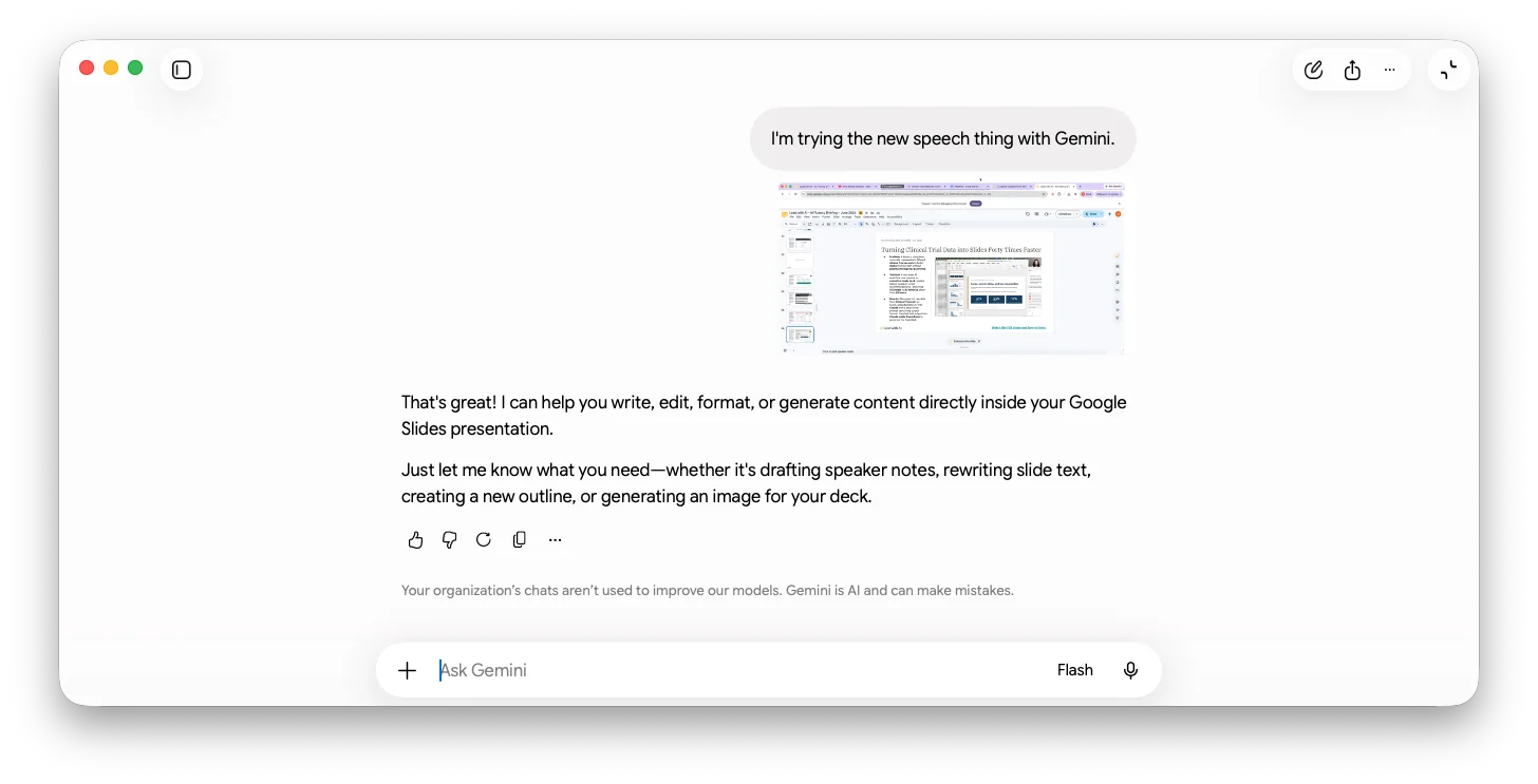 Gemini responding to a spoken prompt about an open Google Slides deck