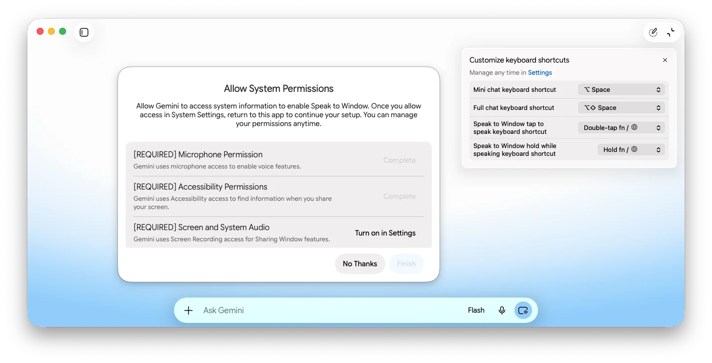 The Allow System Permissions screen for Microphone, Accessibility, and Screen and System Audio access