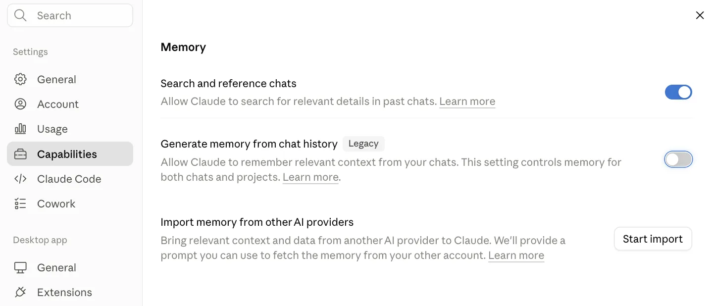 Claude Settings Capabilities page showing the Memory section with the Search and reference chats and Generate memory from chat history toggles