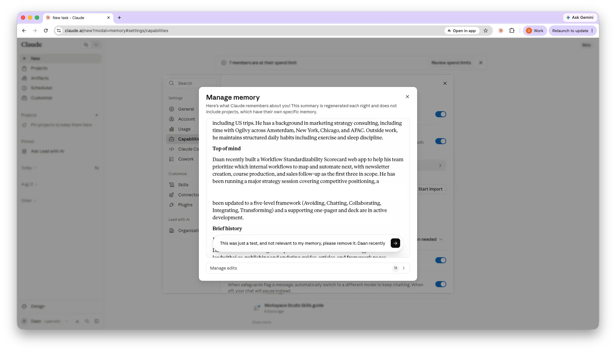 Claude’s Manage memory modal showing a test entry being removed with the prompt This was just a test, and not relevant to my memory, please remove it