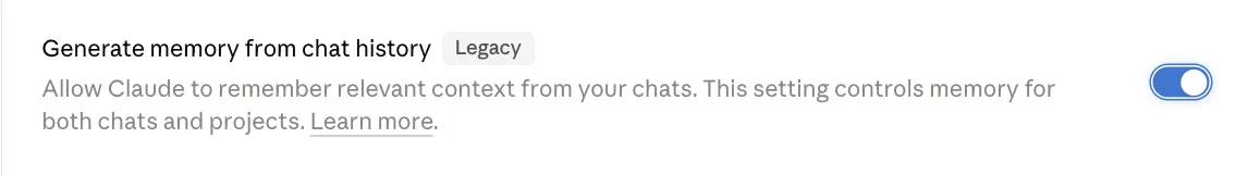 Close-up of the Generate memory from chat history toggle in Claude Settings Capabilities