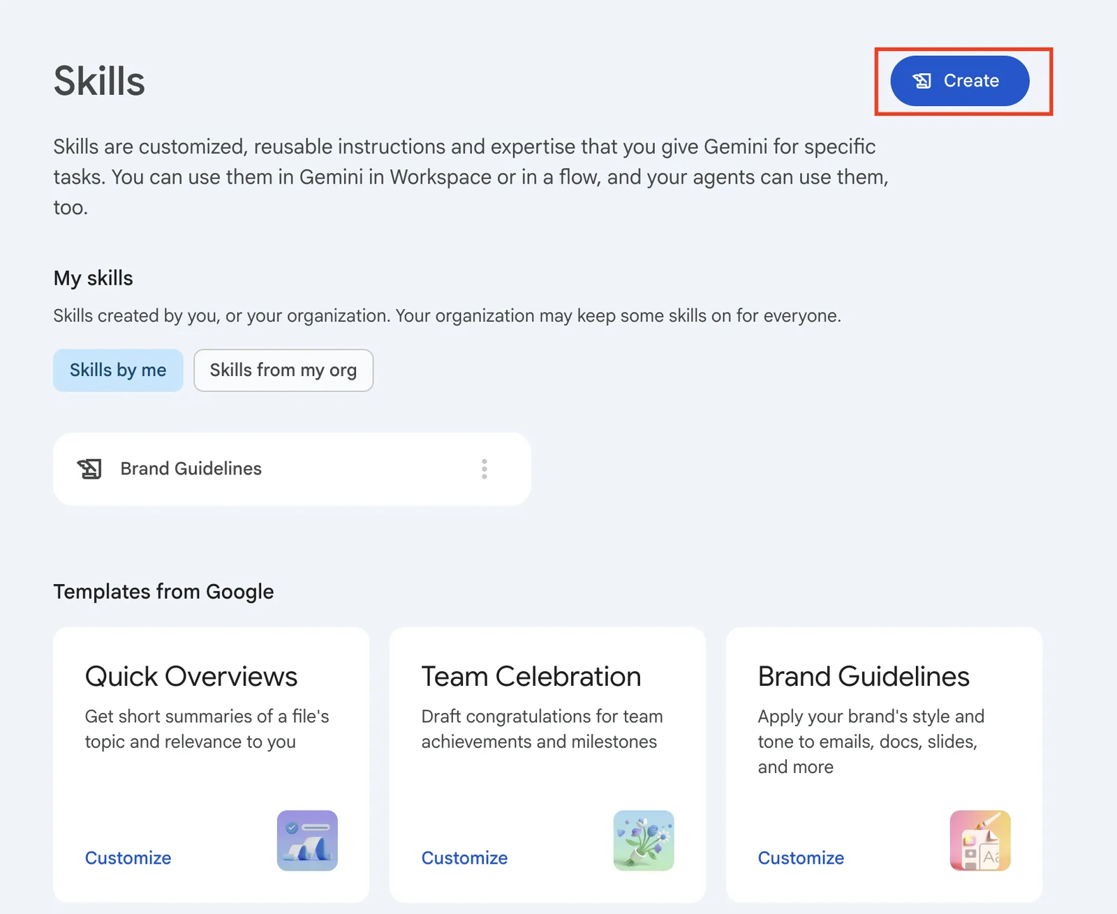 Skill builder panel in Google Workspace Studio asking what the skill should do