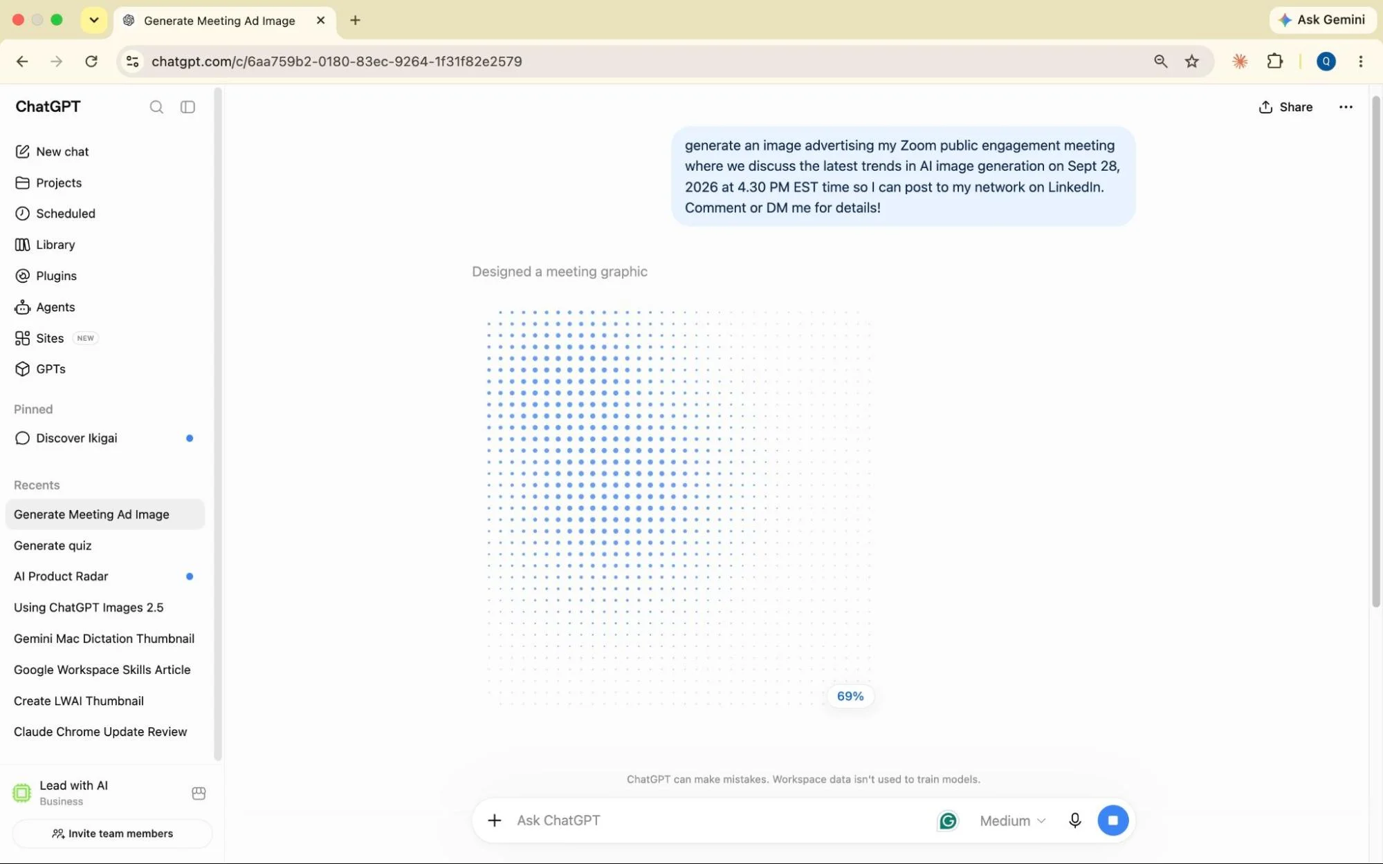 One-sentence event prompt in ChatGPT with the blue-dot progress pattern starting