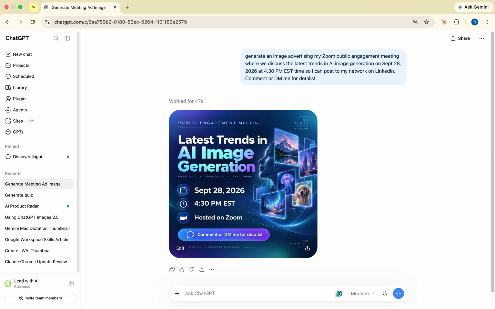 LinkedIn event graphic generated by ChatGPT Images 2.5 with headline, date, time, and call-to-action