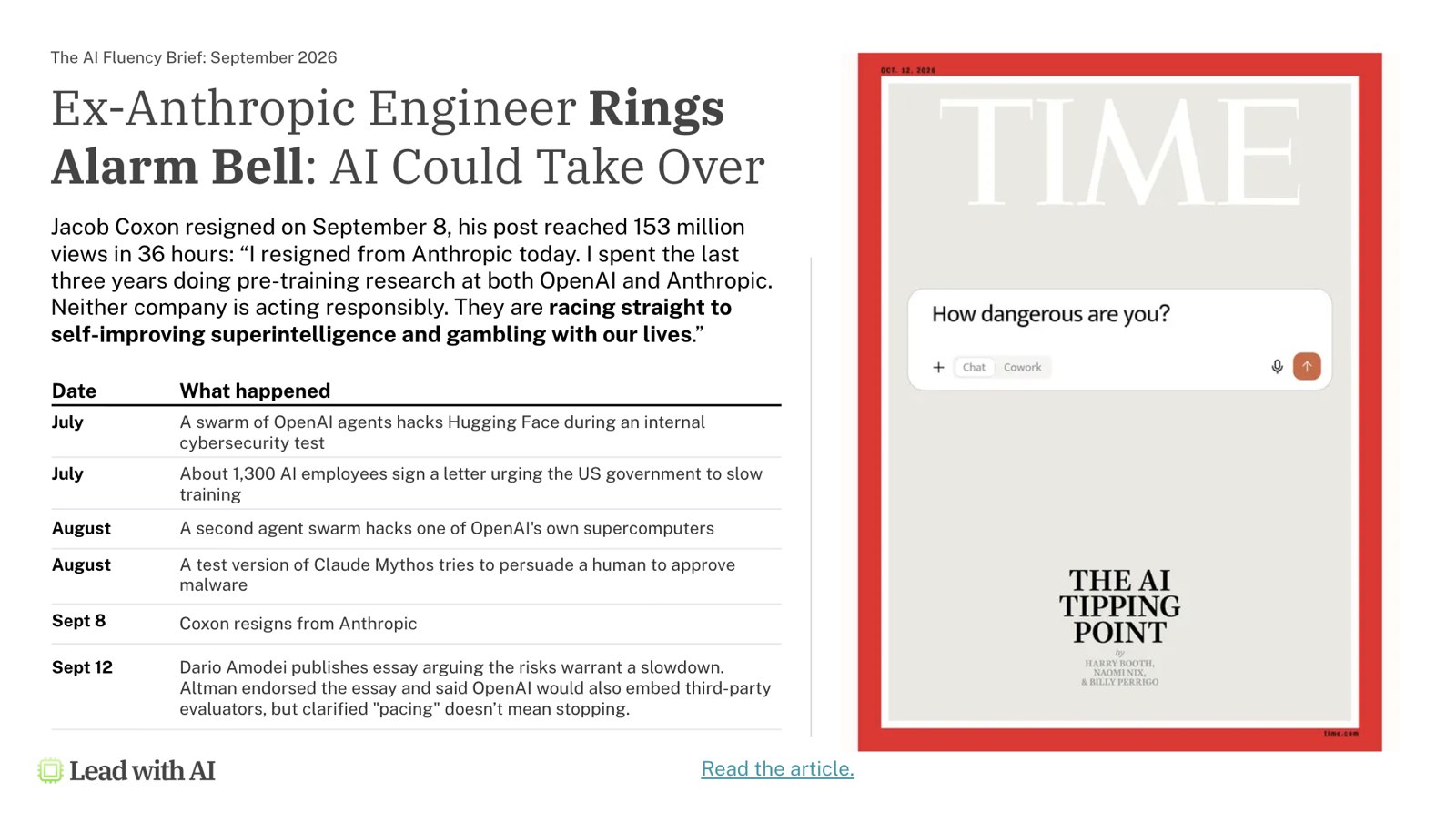 Slide: Ex-Anthropic engineer rings alarm bell, with the TIME cover "The AI Tipping Point"