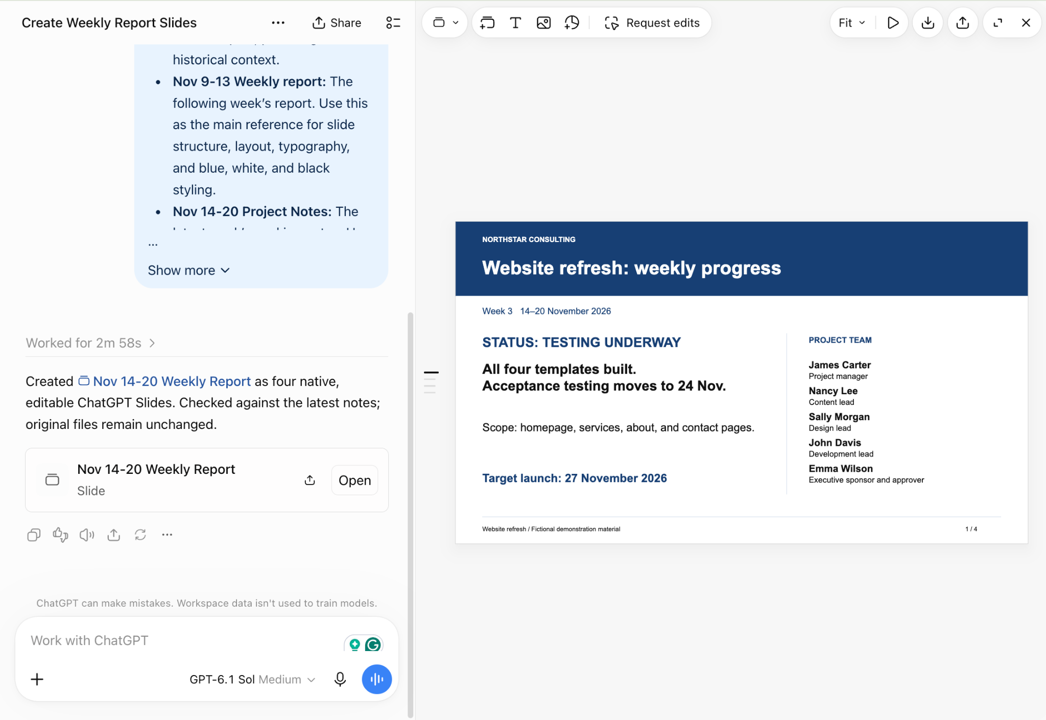 The generated four-slide weekly report open in a window beside the ChatGPT Work conversation