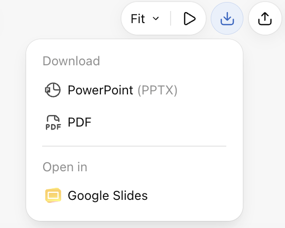 The export menu with download options for PowerPoint (PPTX) and PDF, and an Open in Google Slides option