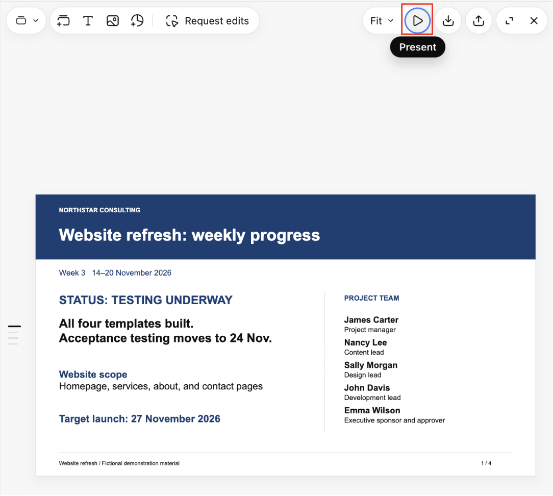 The Present control highlighted in the ChatGPT Slides toolbar