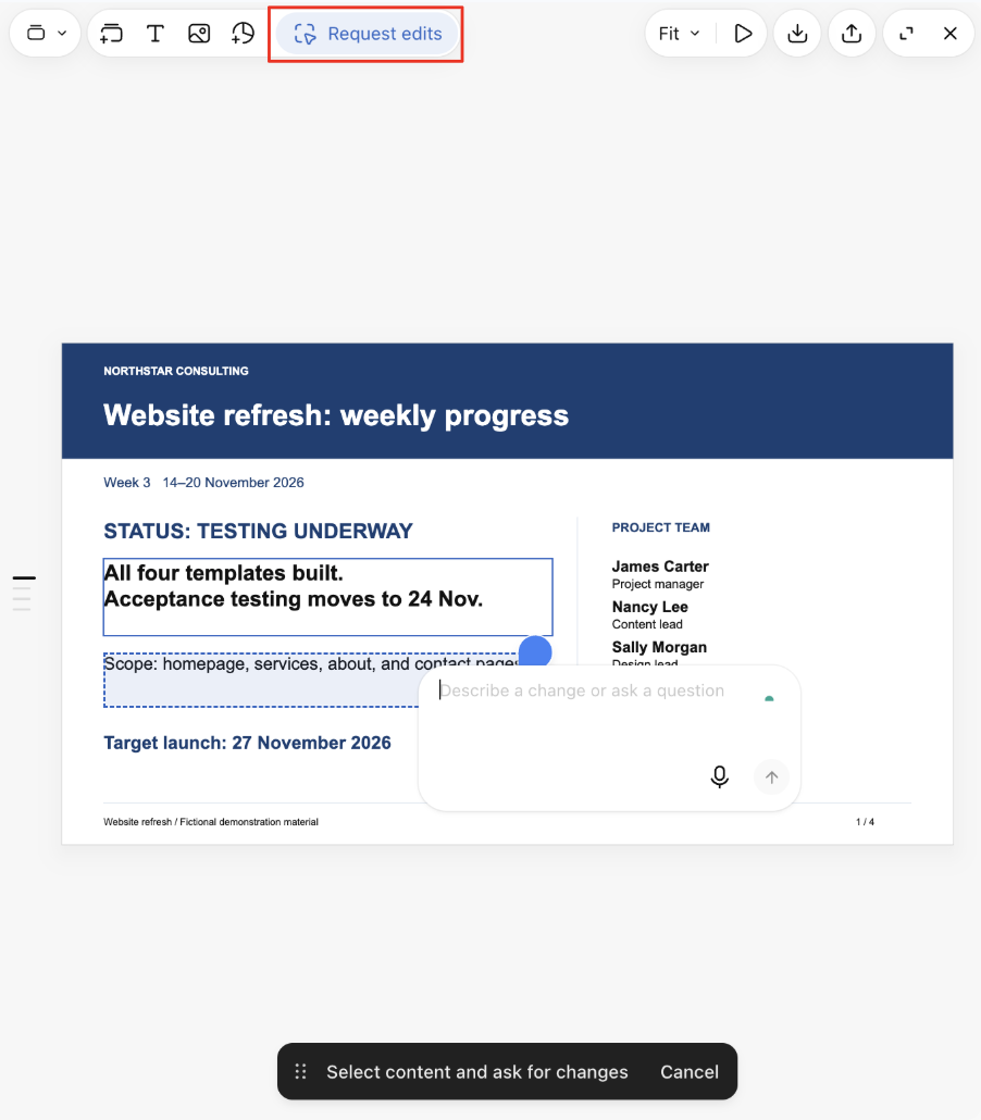 The scope text box selected on the slide with the Request edits button highlighted in the toolbar