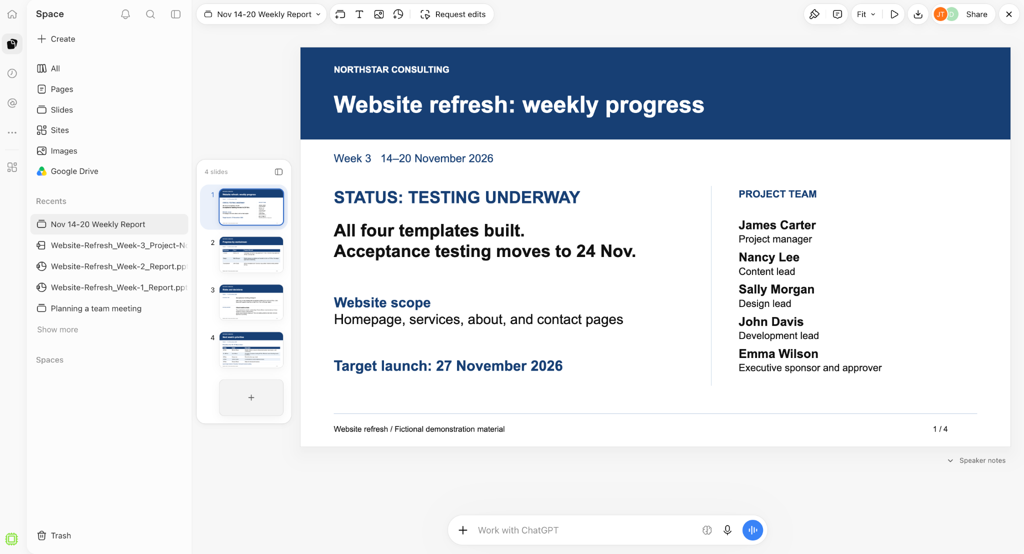 ChatGPT Space showing the saved Nov 14-20 Weekly Report deck with the updated overview slide