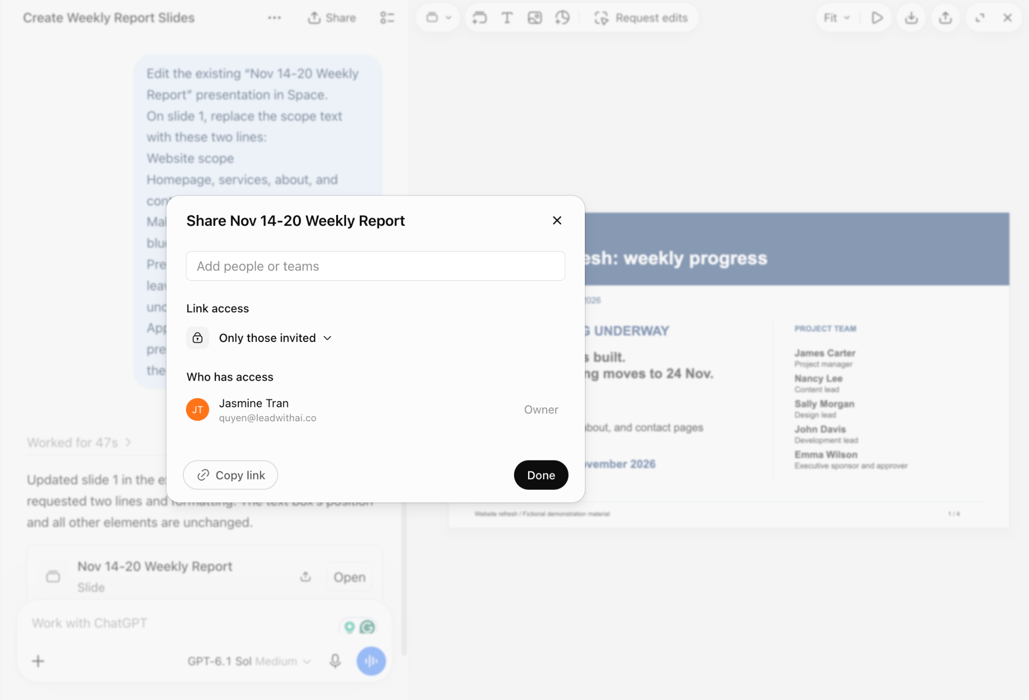 The Share dialog with a field to add people or teams, link access settings and a list of who has access