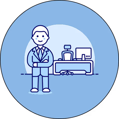 Illustration of a man in a suit standing with crossed arms next to an office desk with a chair and computer monitor.