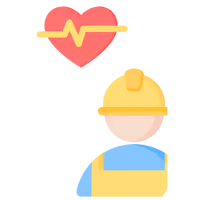 Icon of a construction worker with a yellow hard hat and overalls, next to a red heart with a yellow heartbeat line.