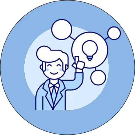 Illustration of a smiling person in business attire pointing to a connected network with a light bulb icon representing an idea.